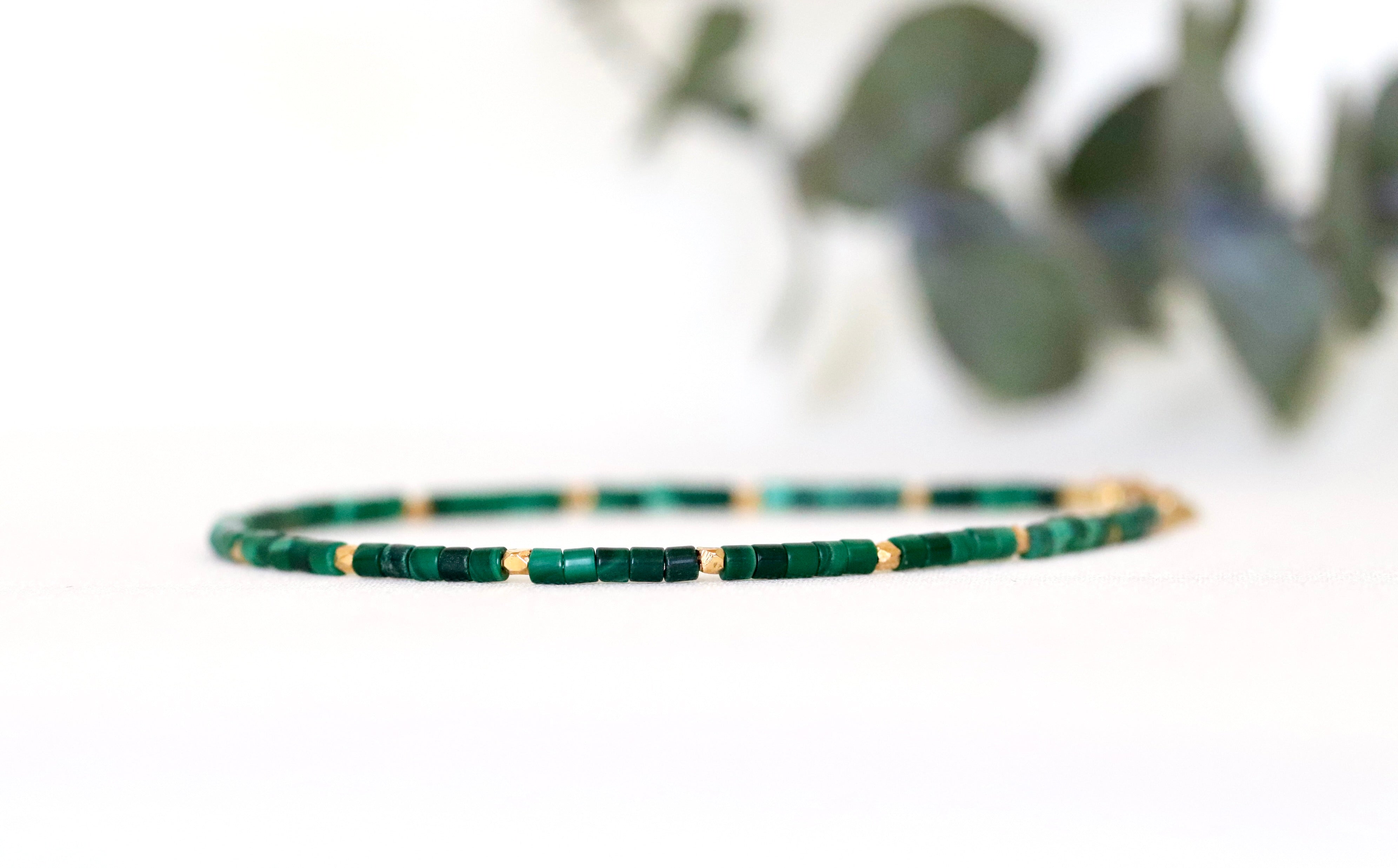 Handmade Malachite bracelet with cube-cut beads and gold accents, unique Christmas jewelry gift