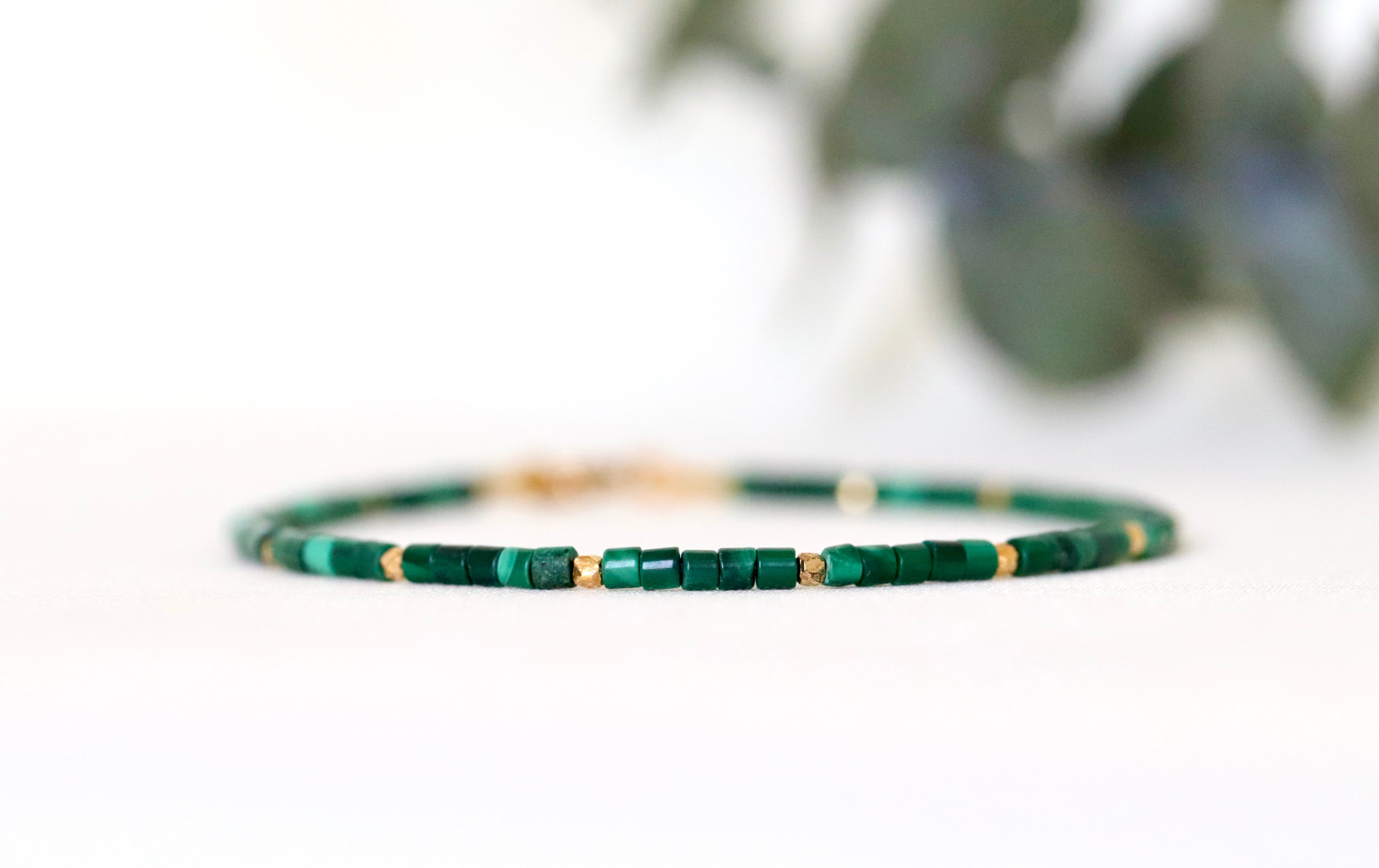 AAA+ natural Malachite bracelet with tiny 2mm square beads and 24k gold vermeil accents, handmade in Canada